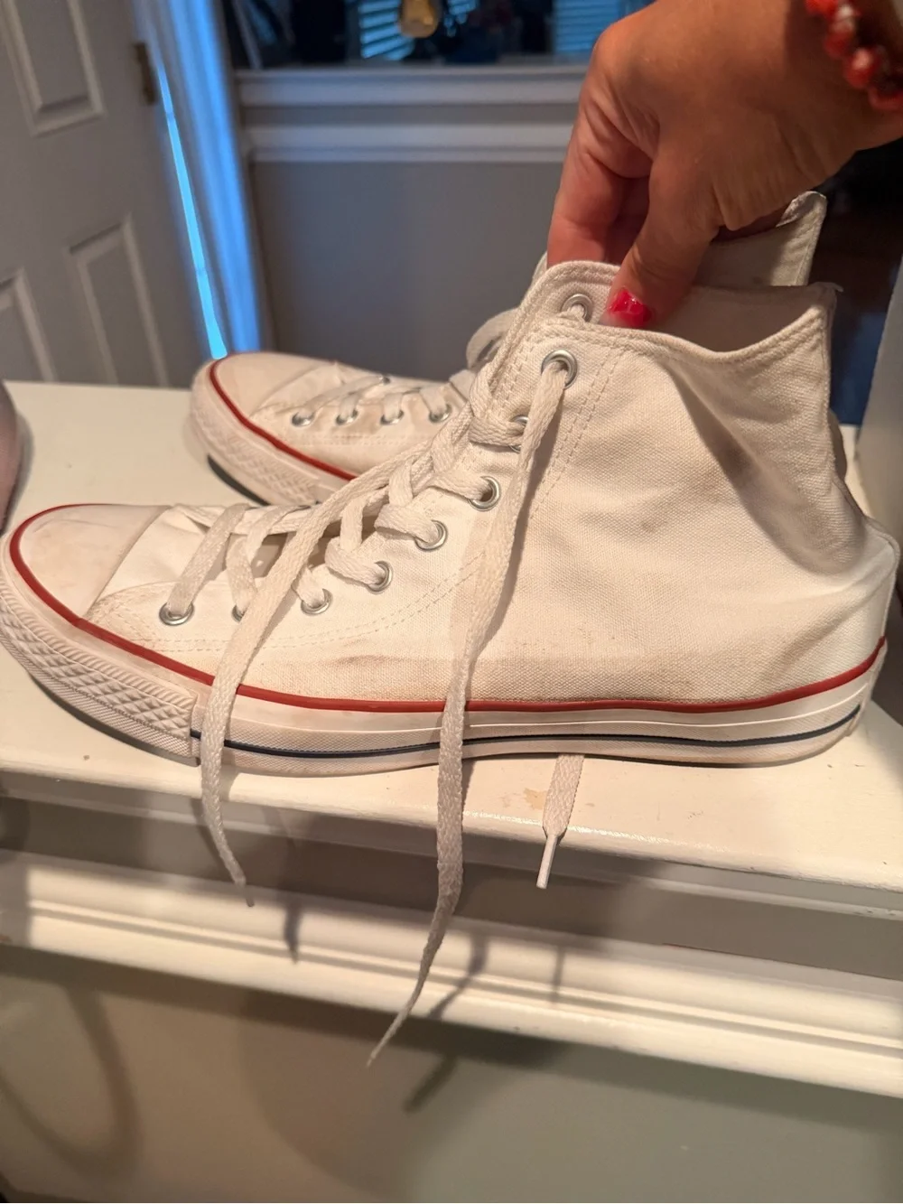 Men’s Converse Classic White High-Top Canvas Sneakers with Red Trim
